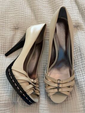 Calvin Klein Cream and Black Peep-Toe Strappy Pumps